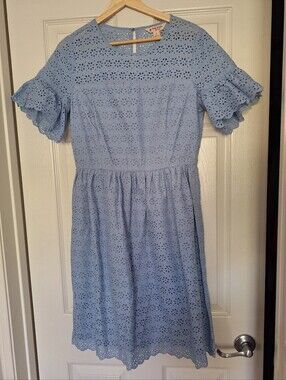 Brooks Brothers Red Fleece Blue Eyelet Lace ALine Midi Dress Flutter Sleeve 6